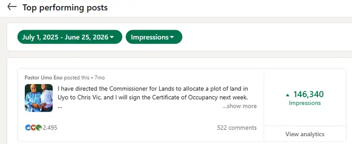 LinkedIn: 146,340 impressions on one post for Gov. Umo Eno