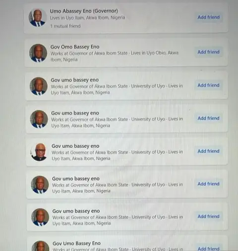 Facebook search showing accounts impersonating Gov. Umo Eno