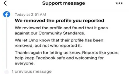 Facebook notice confirming a reported impersonation profile was removed