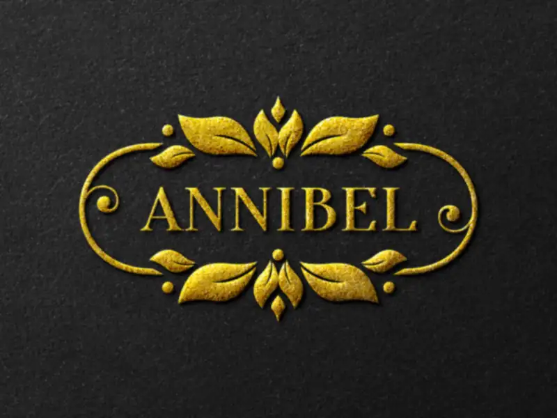 Annibel logo foil-stamped in gold on black paper