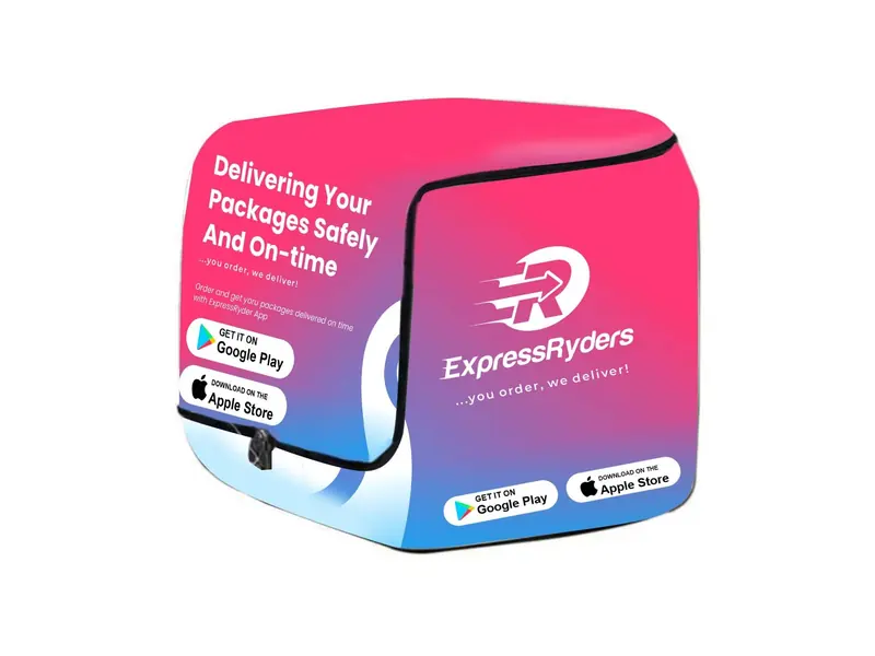 ExpressRyders delivery box in the pink-to-blue gradient with app store badges