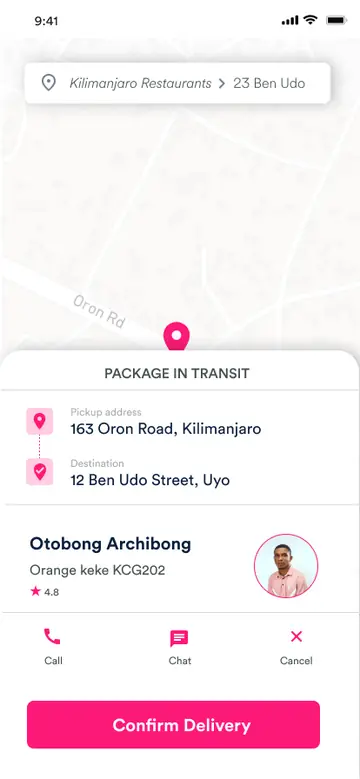 ExpressRyders customer app: package in transit with rider details