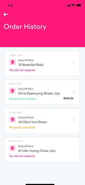 ExpressRyders rider app: order history