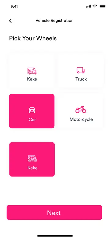 ExpressRyders rider app: pick your vehicle type