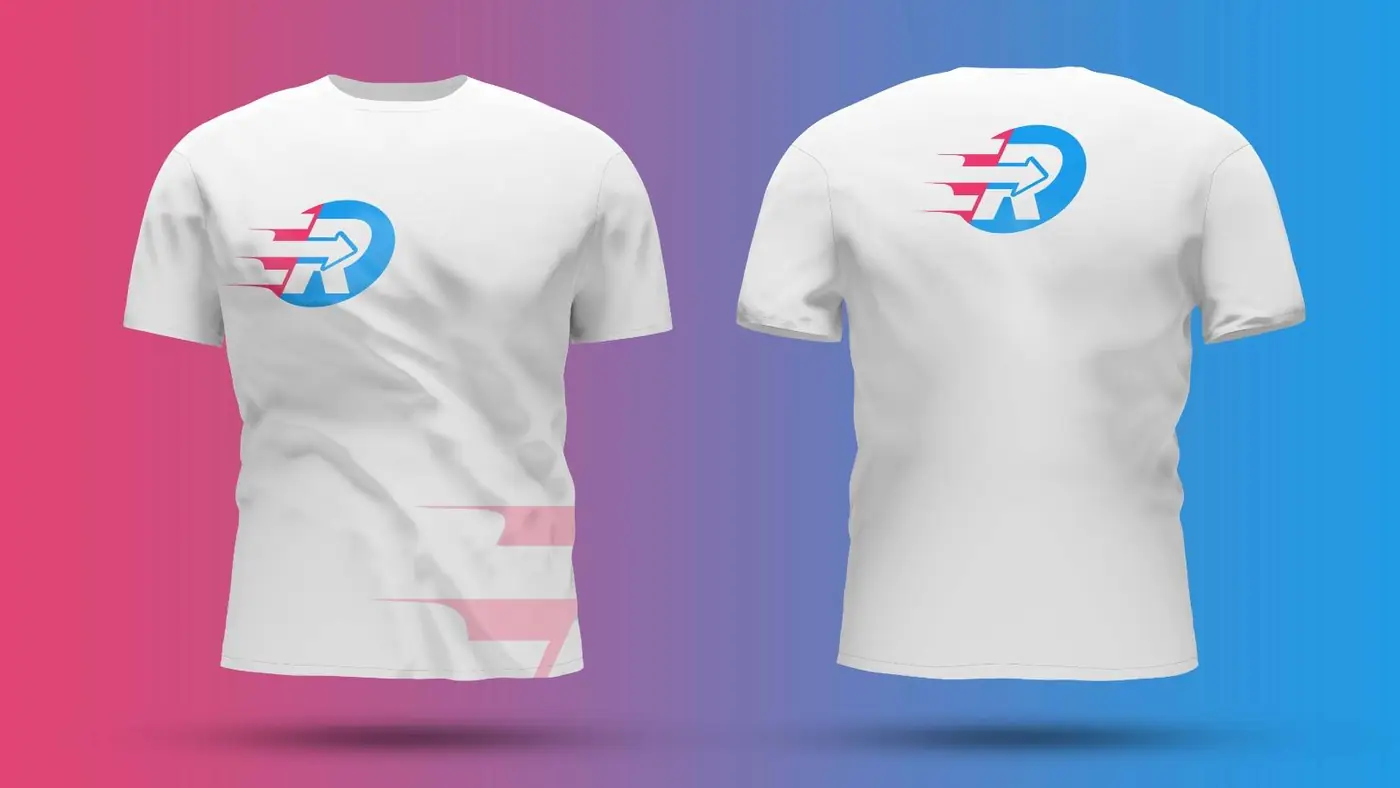 ExpressRyders T-shirts, front and back, on the brand pink-to-blue gradient