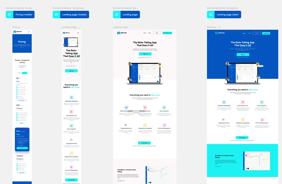Meeting Minutes pricing and landing pages on mobile and desktop, in light and dark