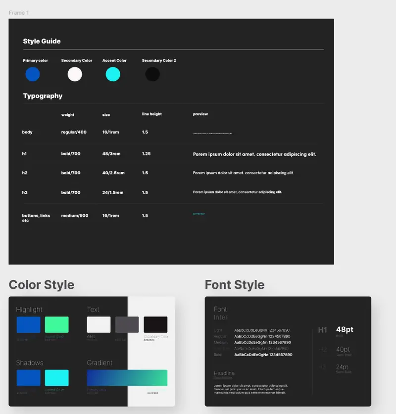 Meeting Minutes style guide: colours, gradient and type scale in Inter