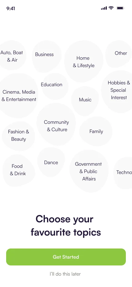 StubGuys screen for choosing favourite topics