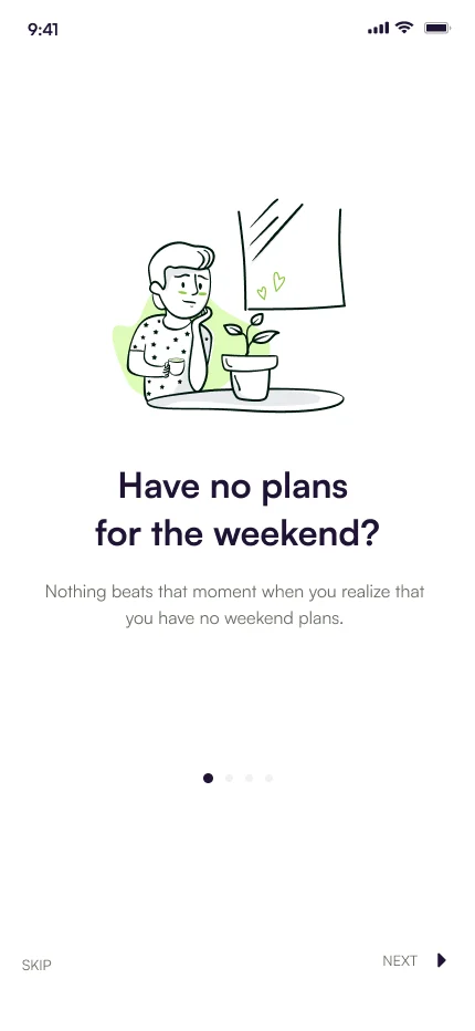 StubGuys onboarding screen: Have no plans for the weekend?